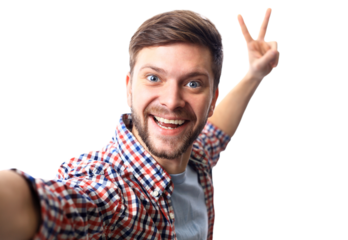 Happy young man taking a selfie photo. Isolated on transparent 