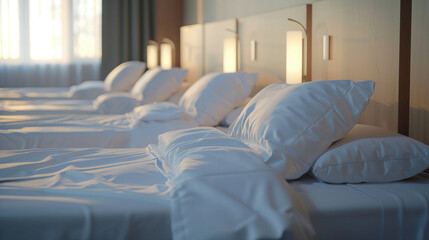 Neatly Made Beds in Vacant Hotel Rooms - obrazy, fototapety, plakaty
