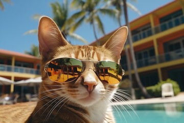 Pretty cat in sunglasses resting near swimming pool and make selfie