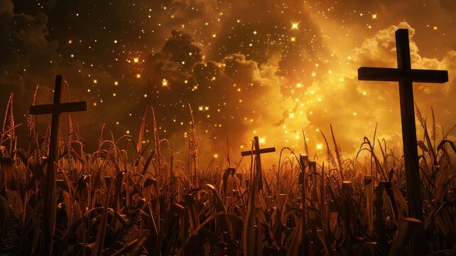 Starry night sky with crosses in a field - A serene image capturing multiple crosses amidst a wheat field under a star-filled night sky, suggesting peace and spirituality