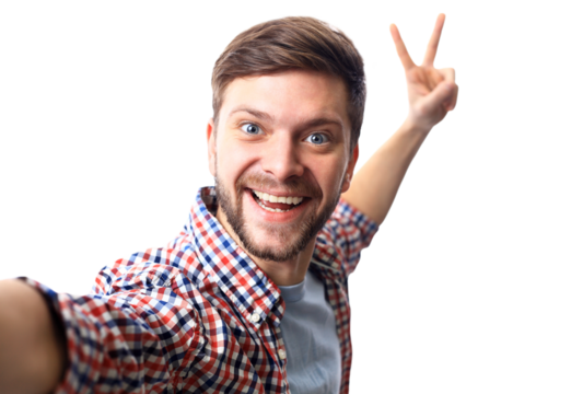 Happy young man taking a selfie photo. Isolated on transparent 