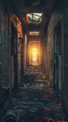 Sunlight shining through a decrepit hallway - An eerie, abandoned corridor with peeling walls illuminated by a strong light at the end, invoking a sense of mystery and desolation