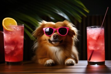 Pretty dog in sunglasses posing with cocktails on palm leaves background