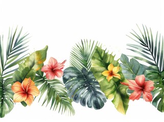 Watercolor tropical leaves and foliage borders clip art, isolated on a white background