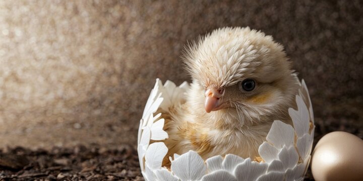  A photo of a chicken peeking out from an eggshell, with an egg nearby on the ground against a wall