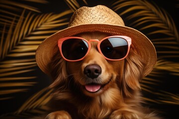 Pretty dog in summer hat and sunglasses posing on palm leaves background