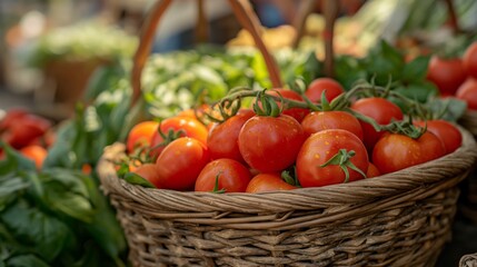 Fresh Picked Tomatoes in a Woven Basket at Eco-Friendly Market
