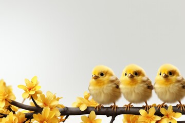 Yellow birds sitting on a branch with yellow flowers
