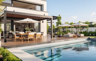Fototapeta premium Sunbeds and dining zone near pool in backyard of modern house