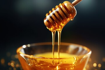 honey dripping from a wooden dipper - obrazy, fototapety, plakaty