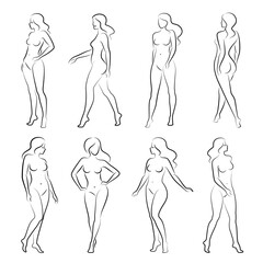 PrintSilhouette of a nice lady, she is standing. The girl has a beautiful naked figure. The woman is a young sexy and slender model. Vector illustration.