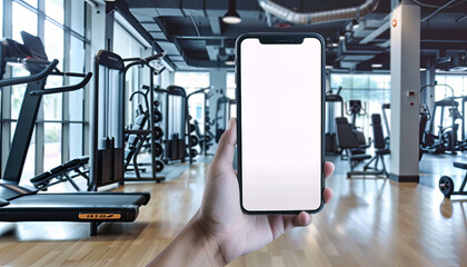 A smartphone with white screen in the hand with fitness room in the background