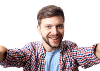 Happy young man taking a selfie photo. Isolated on transparent 