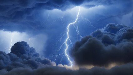 Lightning and dark blue clouds. - obrazy, fototapety, plakaty