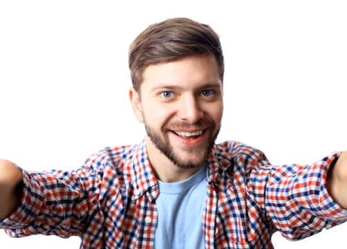 Happy young man taking a selfie photo. Isolated on transparent 