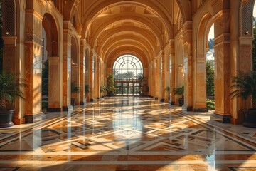 A beautifully lit grand hallway with ornate arches and columns evokes a sense of luxury, with sunlight casting a warm glow over the elegant decor