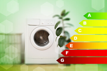 Energy efficiency rating label and washing machine indoors