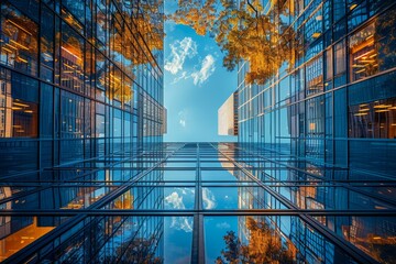 Gaze upwards at towering glass skyscrapers converging with the blue sky and clouds above