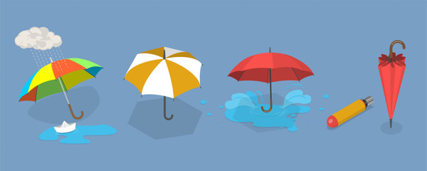 3D Isometric Flat Vector Illustration of Umbrella Collection, Rain Pprotection Parasols