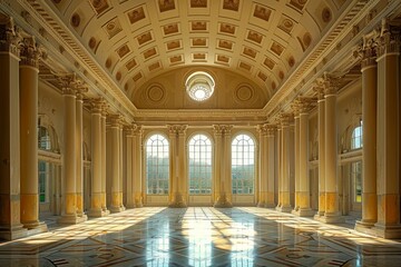 Rays of sunlight illuminate the grandeur of a neoclassical hall with marble floors and ornate columns