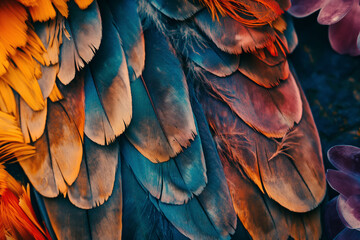 Nature's Mosaic Collage: Feathers of colorful birds and bright flower petals form an abstract representation of nature - 4, AI generated
