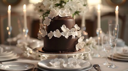 a visually striking representation of a chocolate cake with sumptuous buttercream and meticulously placed white icing flowers on a stylishly set table