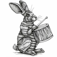 A cute rabbit or hare sits full-length and drums. Animalism. Imitation sketch print in black and white coloring. Illustration for cover, card, postcard, interior design, decor or print. - obrazy, fototapety, plakaty