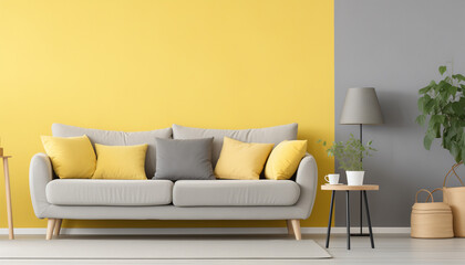 Bright yellow and gray living room interior with sofa coffee table lamp houseplant and decorative pillows