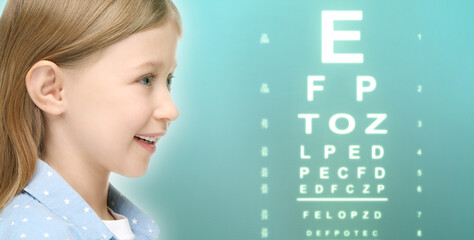Vision test. Cute little girl and eye chart on turquoise background, banner design