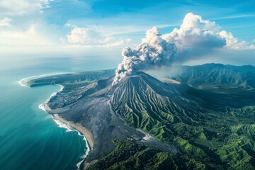 an aerial view of a volcano erupting into the ocean