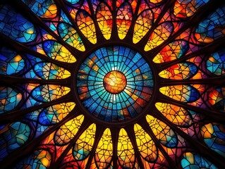 vibrant stained glass window, bursting with a kaleidoscope of colors. Each pane is like a painting, telling a story through intricate designs and vivid hues.