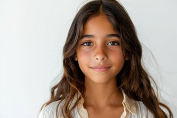 A young girl with long brown hair and a white shirt
