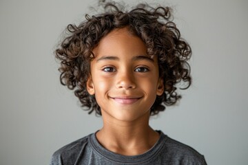 A young boy with curly hair is smiling and looking at the camera