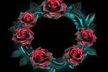 Rose neon frame with leaves on black background, in the style of circular shapes, tropical landscapes