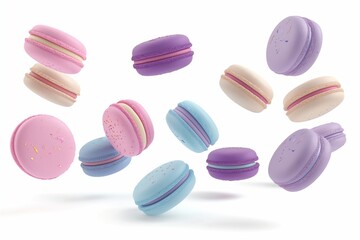 Various colorful macarons floating on the air isolated, macarons floating, macarons background, macarons background for banner,  colorful macarons floating, biscuits floating, biscuits background