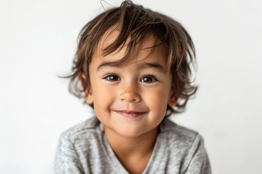A young child with brown hair and a gray shirt is smiling