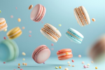 Various colorful macarons floating on the air isolated, macarons floating, macarons background, macarons background for banner,  colorful macarons floating, biscuits floating, biscuits background