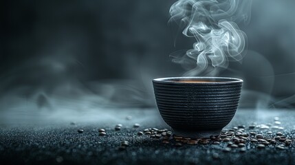 black coffee cup with smoke on black background, in the style of orient-inspired, lightbox. Generative AI