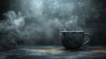 black coffee cup with smoke on black background, in the style of orient-inspired, lightbox. Generative AI