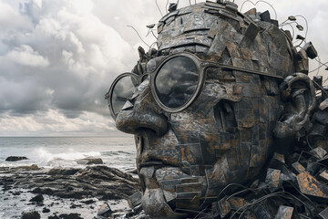 A surreal combination of crumbling pince-nez, smeared with glasses, human faces, technology and black sea, AI generated