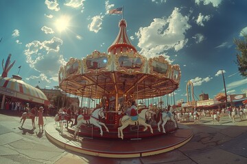 A classic vintage style merry-go-round with bright colors filled with joyful riders under a sunlit sky