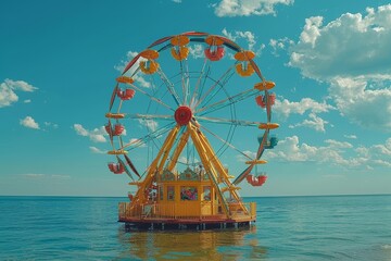 An eye-catching image of a ferris wheel situated on water under a clear blue sky, evoking a sense of whimsy and fun - Powered by Adobe