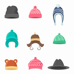 Collection of winter or autumn hats in flat style. Knitted hat, caps for girls and boys in cold weather isolated on white background. Web page design element icon. Vector illustration