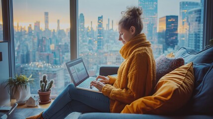 A young woman sits comfortably in her urban apartment, working on her laptop with a stunning city skyline bathed in sunrise light in the background.
