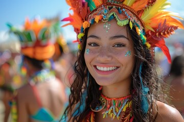Fototapeta premium Joyful young woman with carnival makeup and festive headgear participating in a colorful street parade