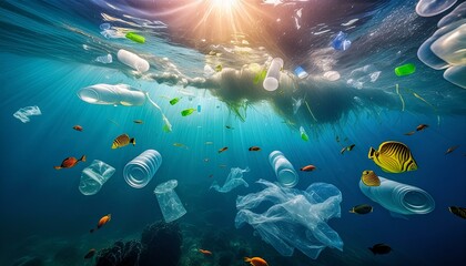 Fototapeta na wymiar Oceanic Pollution: Underwater View of Plastic Waste Tainting the Sea