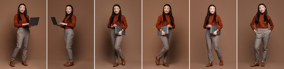 Full length portrait of Asian woman with laptop on brown background, set with photos