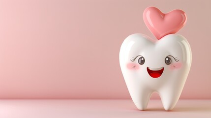 Adorable 3d cartoon tooth character on pastel background with space for text placement