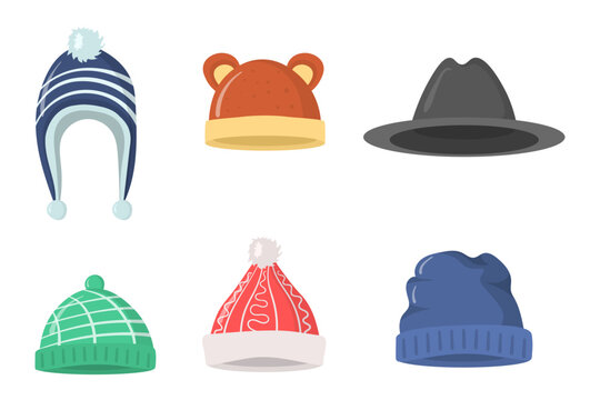 Collection of winter or autumn hats in flat style. Knitted hat, caps for girls and boys in cold weather isolated on white background. Web page design element icon. Vector illustration