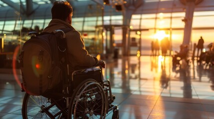 Man in Wheelchair at Airport Waiting Flight